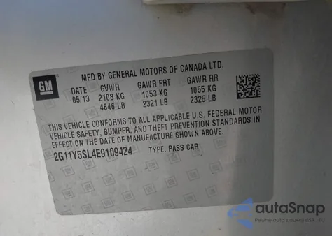 2014 Chevrolet Impala 1Ls z USA, uszkodzony, nr VIN 2G11Y5SL4E9109424